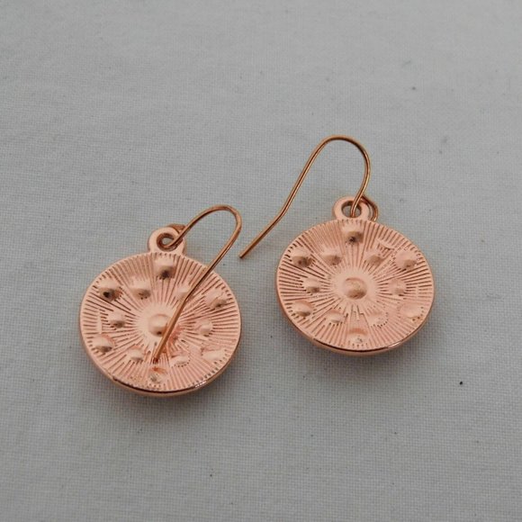 Handmade Earrings Round Sand Dollar Rose Gold Tone Purple Rhinestones 3/4" Dia. - Picture 2 of 3